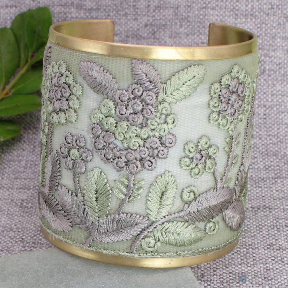 Mint Grey Floral Embroidered Fabric Cuff Bracelet Gold Tone